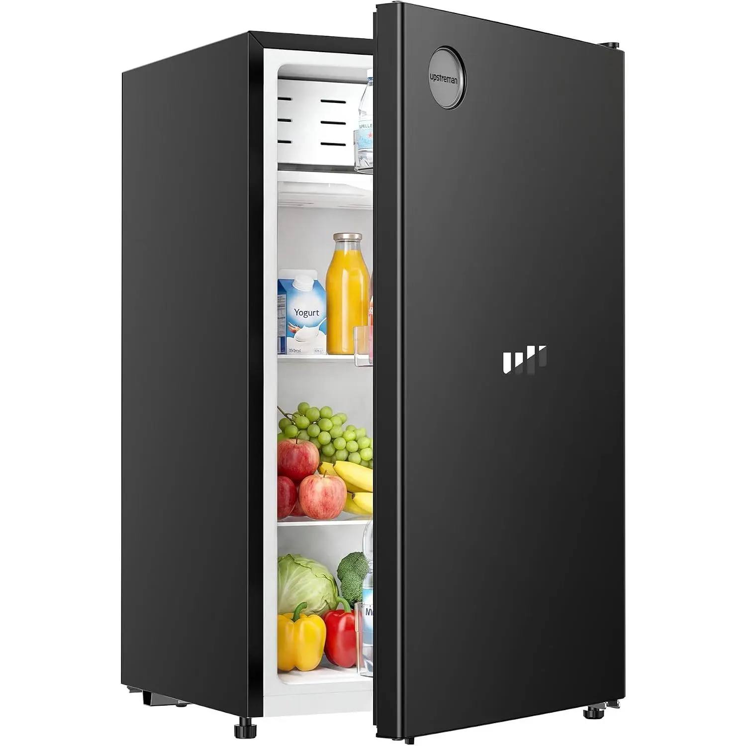 Upstreman 3.2 Cu.Ft 12V RV Refrigerator with Freezer, Black-RV32 | 12V DC RV Mini Fridge with Freezer, Battery Protection, LED Light, 7 Temp, Reversible Door for Truck, Camping, Travel