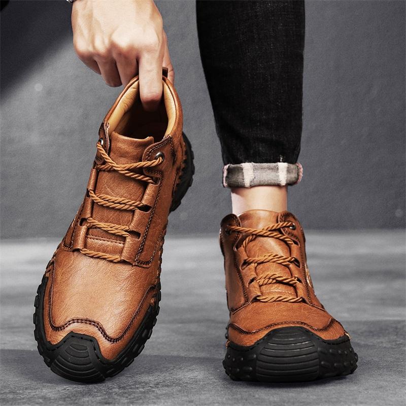 Men's Casual Sneakers, Retro Hand-Stitched High-Top Shoes, Leather Ankle Boots, Comfortable Walking Shoes with Round Toe, Flat Heel and Rubber Outsole for Outdoor Hiking, Urban Commuting, Work, Travel and Everyday Wear