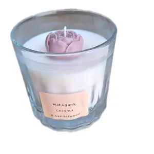 Mahogany Coconut & Sandalwood Scented Candle in Glass Container with Floral Design
