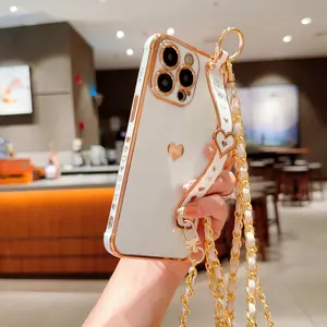 Electroplated Solid Heart Phone Case with Crossbody Strap and Wristband, Fits iPhone 11 12 13 14 15 16 17 Pro Plus Pro Max, Portable for Daily Use and Travel