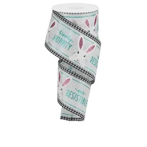 2.5" x 10yd Peeking Bunny Ribbon with Gingham Edge – Robin Egg Blue/Pink/White