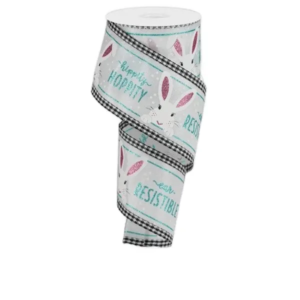 2.5" x 10yd Peeking Bunny Ribbon with Gingham Edge – Robin Egg Blue/Pink/White