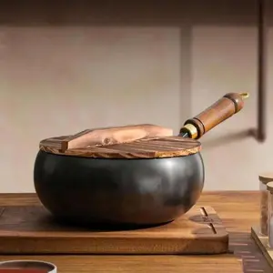 Large Belly Pan Nonstick Chinese Cooking Wok Wood Handle 24cm Iron Stir Fry Pan Uncoated Hanging Soup Pot Kitchen