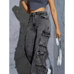 Gray Washed Retro High-Waisted Cargo Jeans (Loose Fit) | Women’s loose-fit cargo denim jeans with a multi-pocket utility design; casual wide-leg pants that pair well with anything; basic women’s bottom available in fitted and minimalist styles