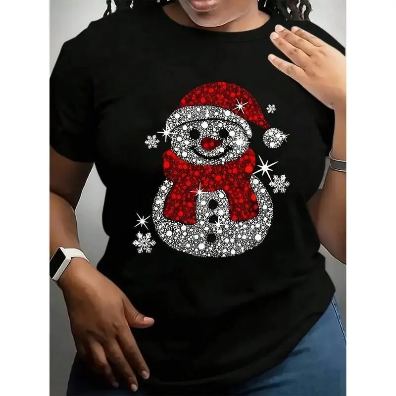 1count Women'S Christmas Snowman Graphic T-Shirt, V-Neck Short Sleeve Casual Top, Polyester Knit Fabric With Slight Stretch, Regular Fit Pullover For Spring Summer zzh66