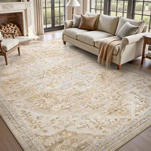 Amoami Vintage Area Rug, Machine-Washable Carpet with Non-Slip TPR Backing, Soft Lightweight Indoor Rug for Living Room, Bedroom