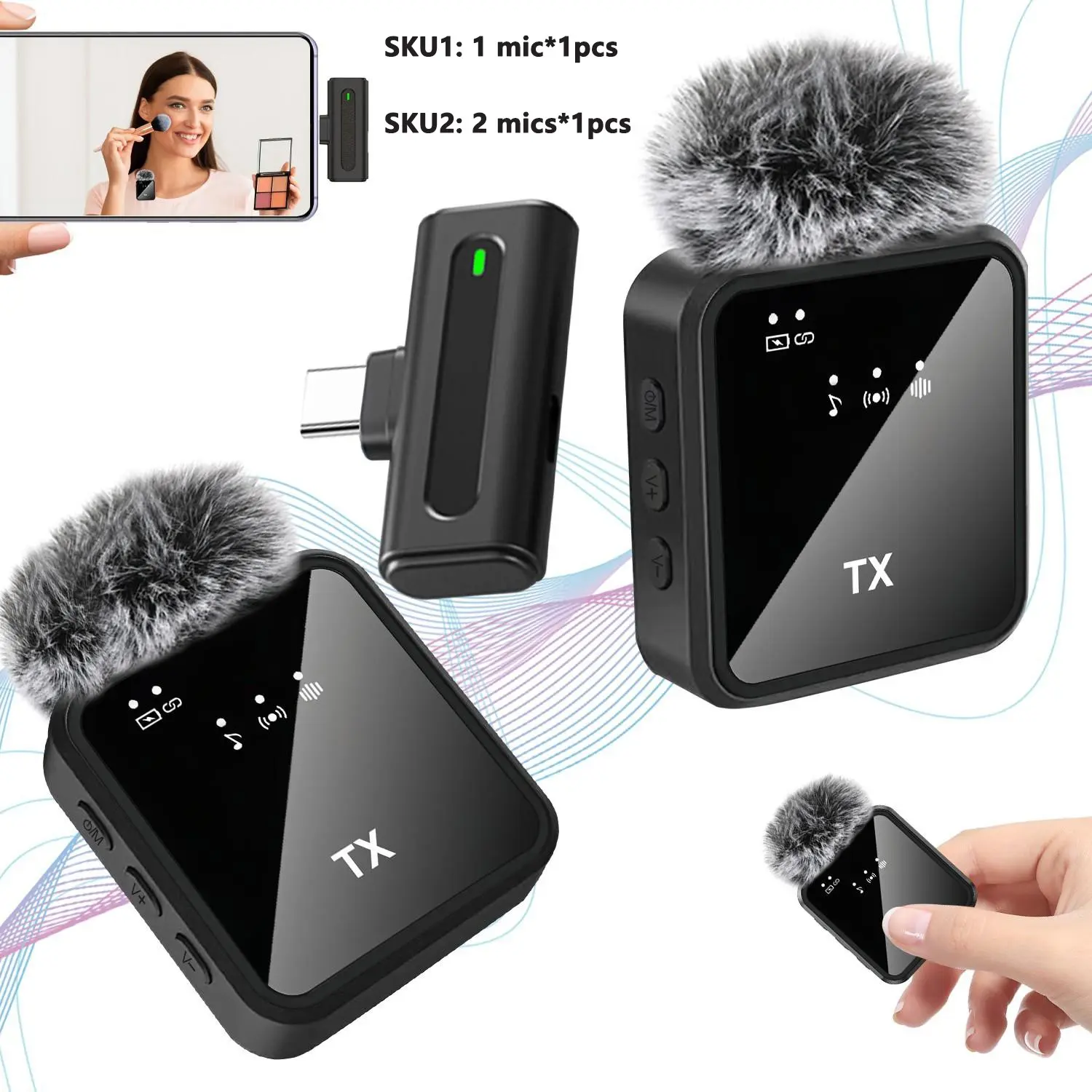 Wireless Lavalier Microphone for iPhone iPad Type-C, Plug-Play 2.4g Ultra-Low Delay, Noise Reduction, Cordless Omnidirectional Condenser Mic, Noise Canceling Mic, Noise Cancelling Mic, Rechargeable Wireless Mic