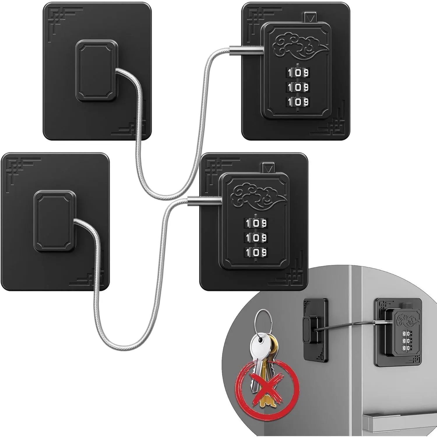 2 Pack Refrigerator Locks with 3 Digit Code, Easy Install Fridge Lock Combination,  Freezer Lock,  Proof Cabinet Locks for Refrigerators, Drawers, Closets, Windows (Black)