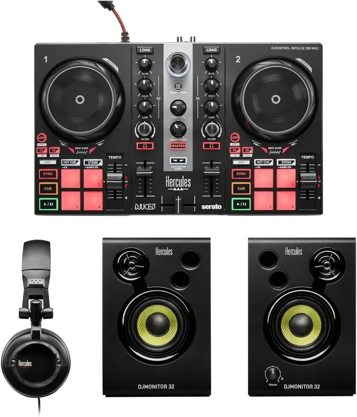 Hercules DJLearning Kit MK II, DJ Controller with Speakers and Headphones, Beginner DJ Set with Jog Wheels, 2 Deck DJ Mixer Controller, Portable DJ Equipment for Beginners, Compatible with PC