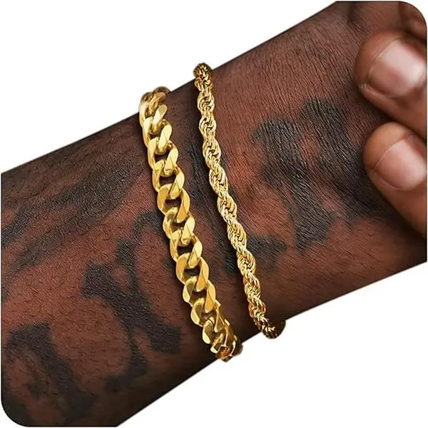 2PCS Cuban Link Bracelets for Men – Premium Stainless Steel Chain Bracelet Set Silver & Gold Stackable Wrist Jewelry, Trendy Streetwear Accessories Gift for Him, Dad, Boyfriend or Teen Boys