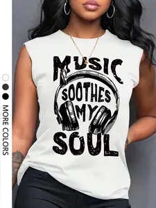 Women's Casual Music Earphone Letter Print Round Neck Vest, Comfortable Daily Wear, Fashionable Summer Top, Perfect for Spring & Summer