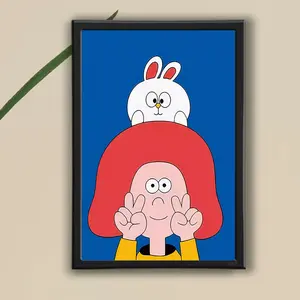 1pc Framed Canvas Art - Whimsical Girl & Bunny Stackable Design, Timeless Cartoon Style with Blue Background - Perfect for Home, Office, or Cafe Wall Decor | Ideal Gift for Easter, Mother's Day, Graduation, and April Fools' Day, Rabbit Decor