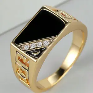 Fashionable and popular square gold plated and stone studded ring in bronze for vacation and going out for men