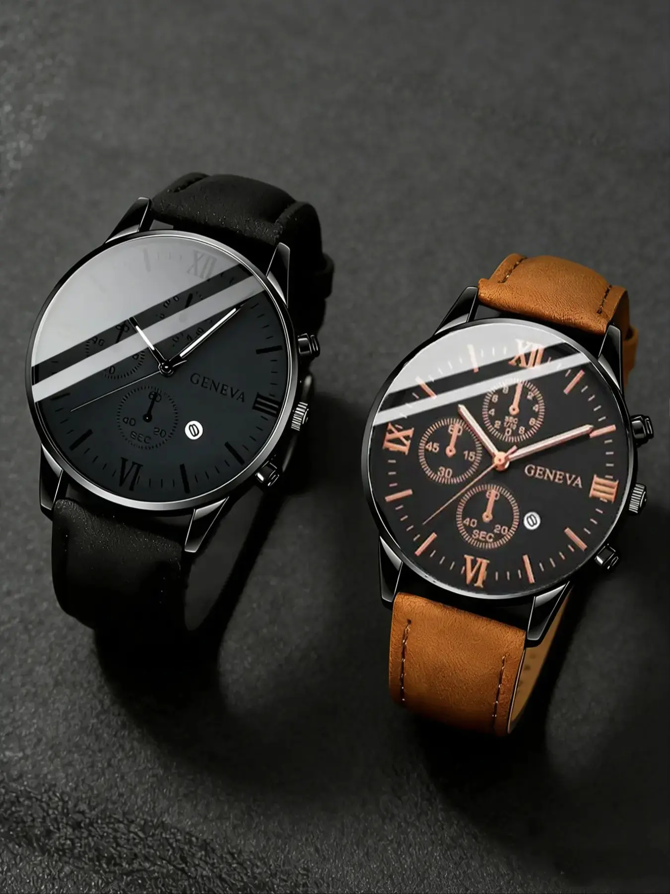 2-Piece Men's Leather Simple Quartz Watches Casual Wristwatch Set, Leather Strap, Round Dial, Fashionable Casual Analog Watch Ideal for Valentine's and Father's Day Gifts