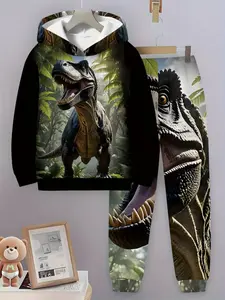 Dinosaur Hoodie Set, Dinosaur Print Sportswear, Tracksuit Sets, Casual Outdoor Playwear, Birthday Party, Spring & Fall