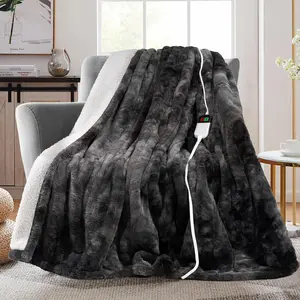 Electric Heated Throw Faux Rabbit Fur Blanket with 8 Heating Levels & 8 Hours Auto Off, Fast Heating Warm Cozy Sherpa Washable Blanket with Over-Heat Protection, ETL Certification, Grey