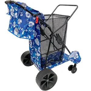 BEACH CART DELUXE FLOWER PATTERN BEACH CART DELUXE–HEAVY DUTY FOLDING DESIGN–LARGE WHEELS FOR SAND–HOLDS 4 BEACH CHAIRS–STORAGE POUCH–BEACH UMBRELLA HOLDER–REMOVABLE BEACH BAG