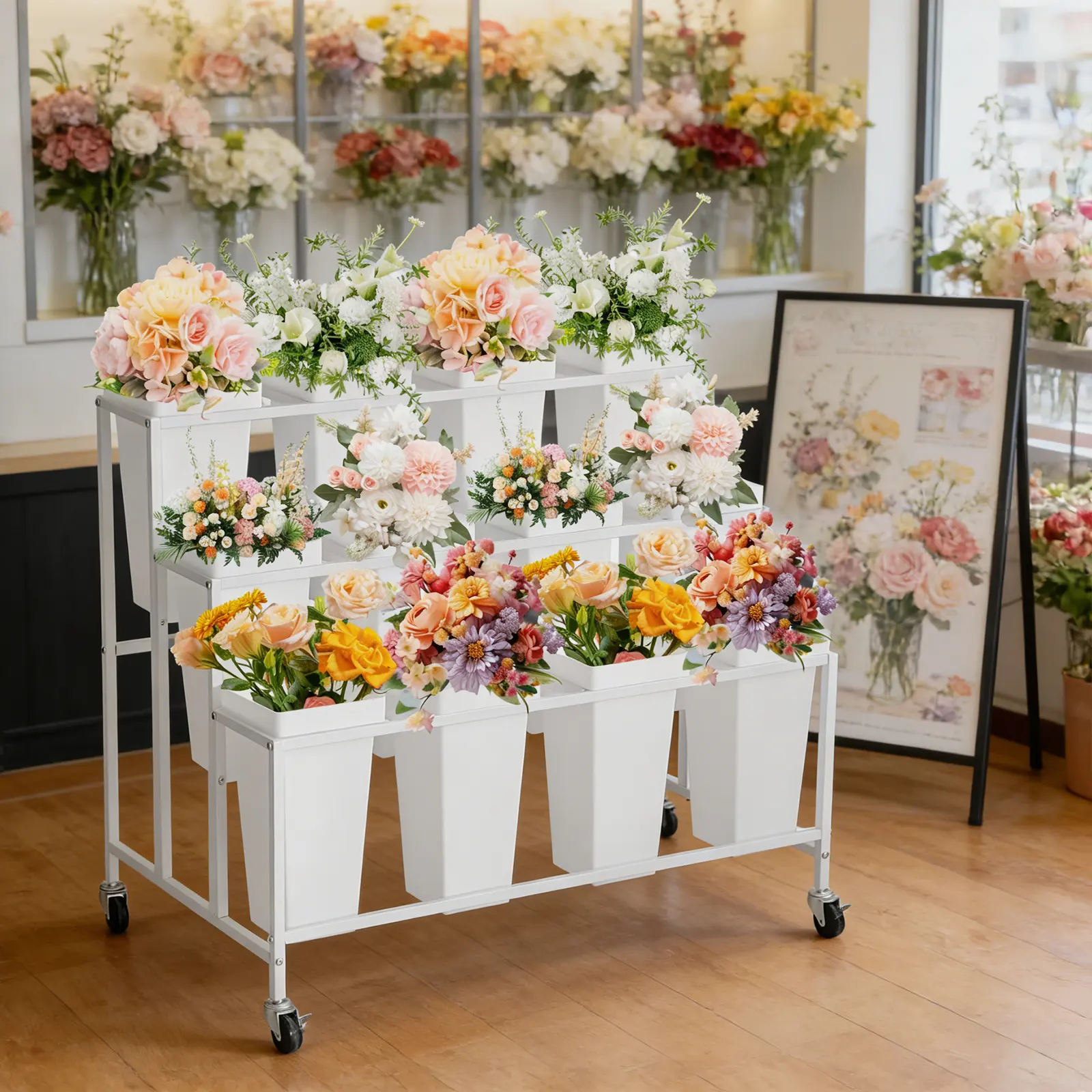 Garvee Versatile 3-Tier Flower Cart Display Stand with 12 Square Buckets & Wheels - Floral Rack for Garden, Wedding, Florist Shop, Café, Commercial Decor