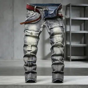 2026 New Plus Size Men's Jeans Vintage Patchwork Design Elastic Waist Stretch Fabric Casual Versatile Slim Straight Leg Pants Streetwear Retro Workwear Style Denim Trousers Comfortable Daily Wear All Match Fashion Jeans