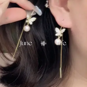 Versatile Butterfly Threader Earrings with Silver Needle, Gold Tassel and Pearl, Stylish Ear Accessories