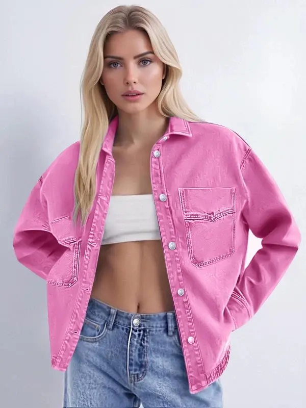 Women's Cotton Jacket Casual Long Sleeve Pink Red Spring 2025 Outerwear Comfort Fitted Basic jacket Tops Minimalist Womenswear