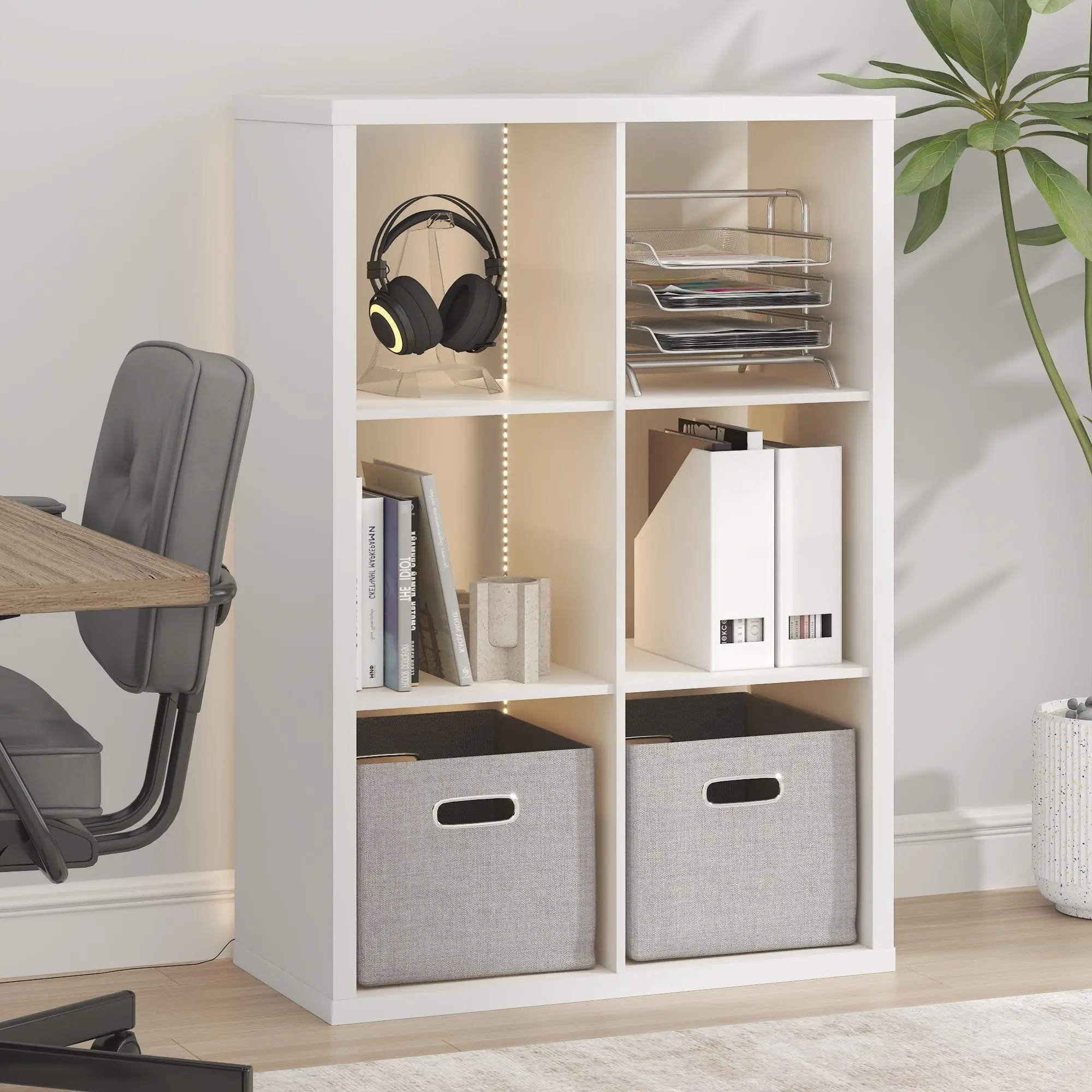White 6-Cube LED Cubicle Bookshelf - Extra Thick, Horizontally & Vertically Reversible, Open-Back Display Storage Shelves for Living Room, Home Office, Small Space Furniture & Home Organization (Includes Books Storage), Rectangular