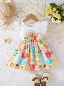 Super Cute Easter Dress for Baby Girls 🌸 Ruffled Sleeve Toddler Outfit with Bunny & Egg Prints | Adorable Summer Baby Clothes Exclusively for Little Princesses