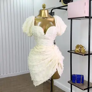 summer spring clothes Party Mini Dress Women Casual Dresses Elegant Slim Night High Waist A Line Trim Short Puff Sleeve V Neck Vestidos Club Bodycon Light Womenswear Check Gamis Basic Minimalist