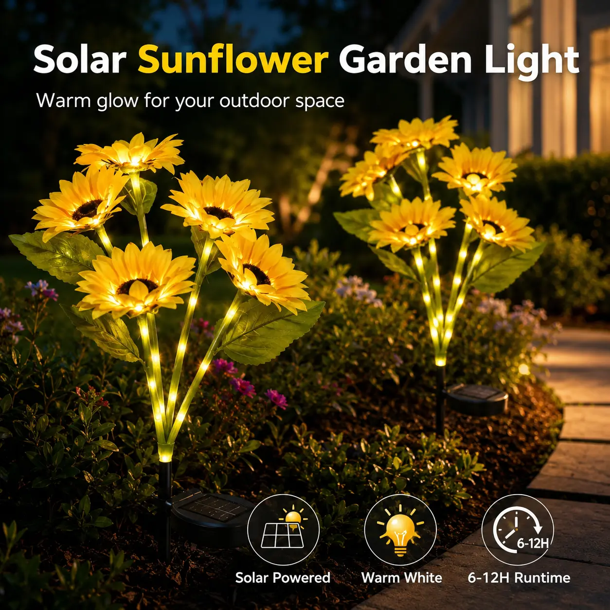 6-Head Solar Sunflower Outdoor Stake Lights, Warm-White LED Artificial Decor, IP65 Waterproof, Auto-On/Off, 6-12 Hour Working Time, Outdoor Pathway Landscape Holiday Lighting