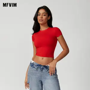 MFVIM  Women's Solid Color Round Neck Sports Tee, High Stretch Sporty Comfortable Breathable Crew Neck Short Sleeve T-shirt for Gym Workout, Ladies Sportswear for Summer Red