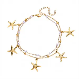 Women's double-layer gold-plated beach bracelet and anklet, dolphin/starfish/seashell pendant anklet, summer vacation foot jewelry, beach vacation jewelry gift for mother.