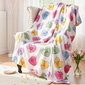 Valentines Day Decor: Hand-Painted Candy Heart Flannel Fleece Throw Blanket  Soft Blankets, Perfect for Home Bedroom Bed Sofa Picnic Travel and Office Use Ideal for Holiday Gifts.