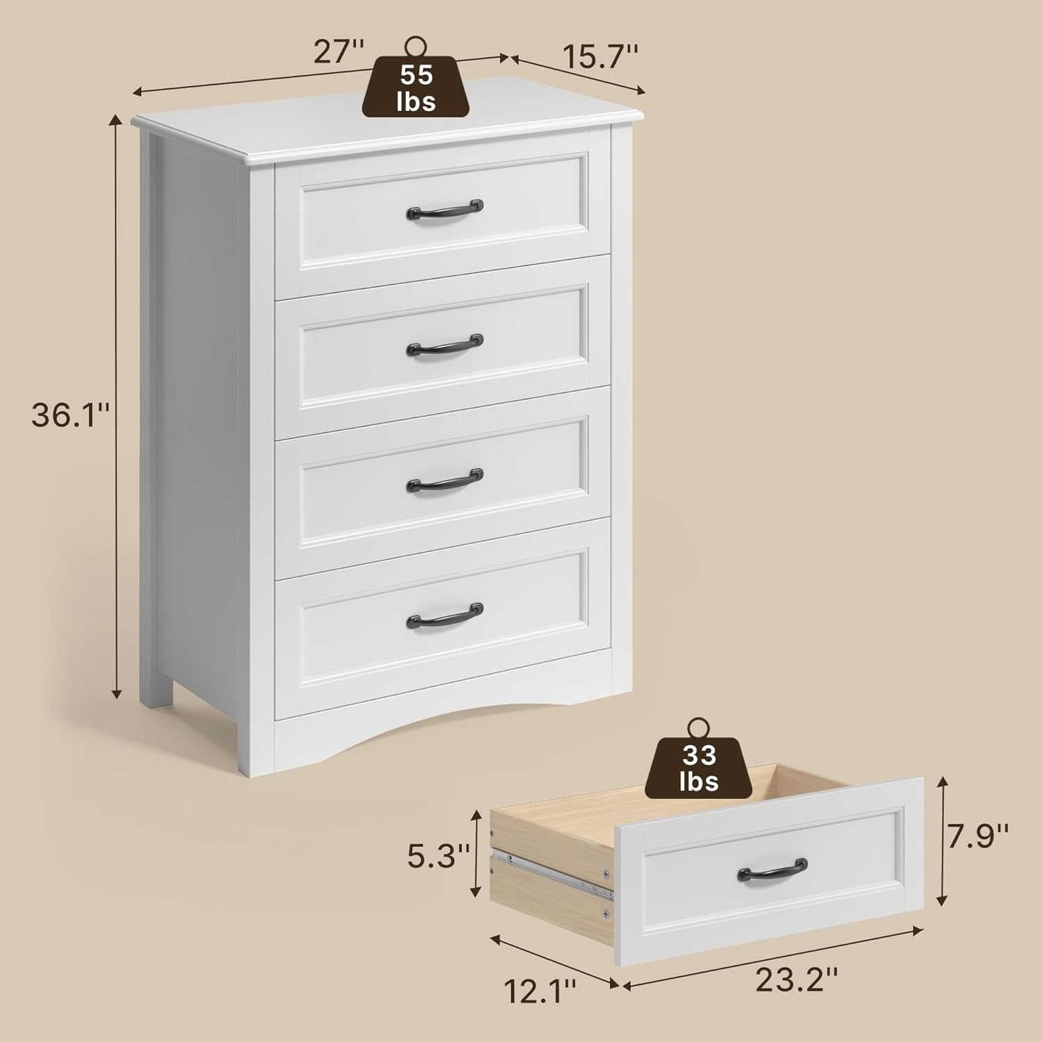 Gizoon Dresser for Bedroom with 4 Drawers Wooden Chest of Drawers for Closet Dresser Storage Unit Organizer for Hallway Living Room and Office Girl Apartment Furniture