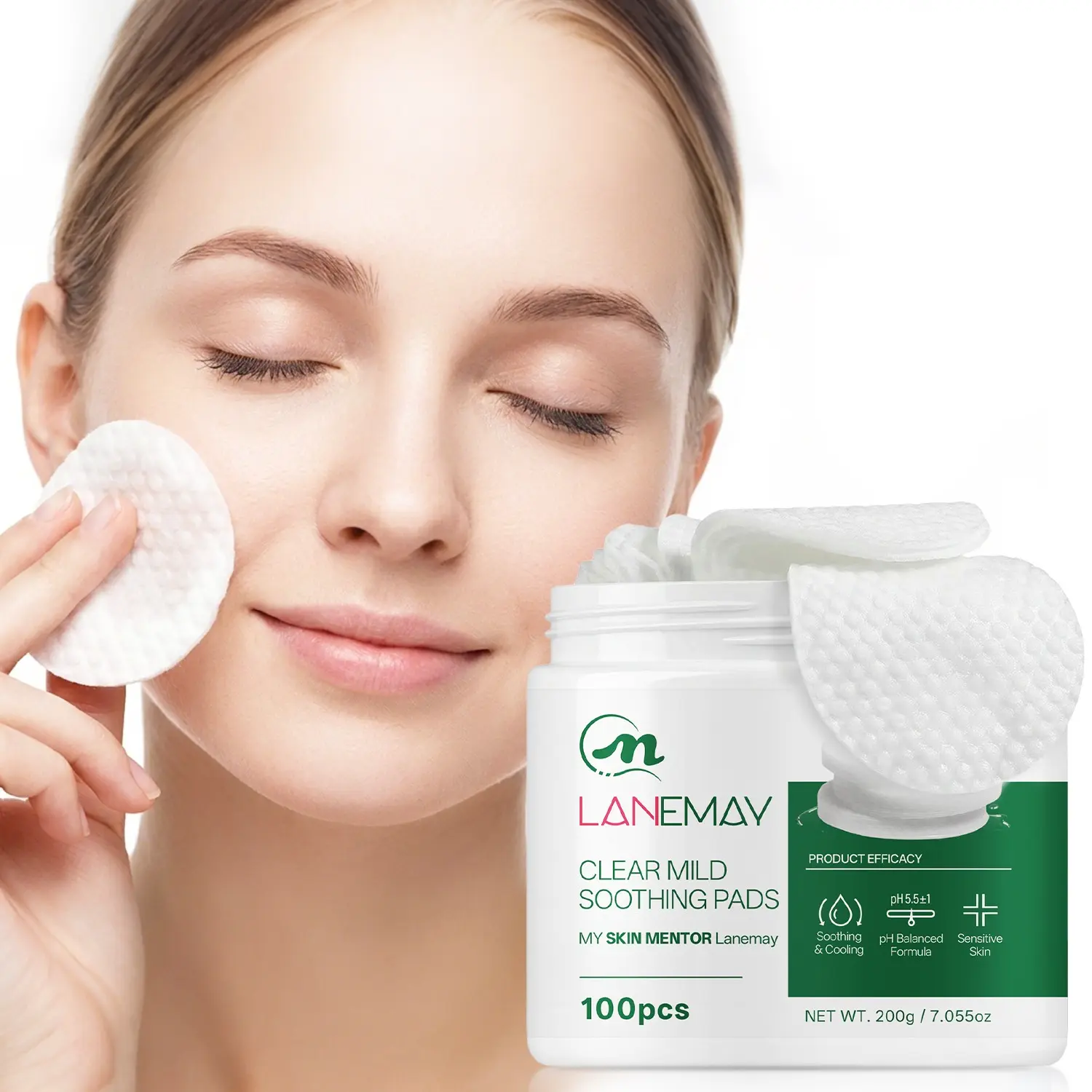 100pcs Clear Mild Gentle Soothing Face Pads | pH5.5 Balanced Formula, for Sensitive Skin, with Centella Asiatica, Houttuynia Cordata, Sodium Hyaluronate, Aloe, Cooling & Soothing