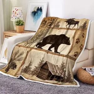 Rustic Cabin Throw Blankets, Farmhouse Country Antique Bear Moose Forest Vintage Wood Cozy Warm Bed Couch Blanket, Hunting Camping White Fleece Flannel Throws to Decorate The Room and Bedroom