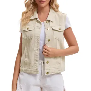 INSPIRE CHIC Women's Sleeveless Turndown Collar Button Down Chest Flap Pockets Washed Denim Vest XX-Large Oyster