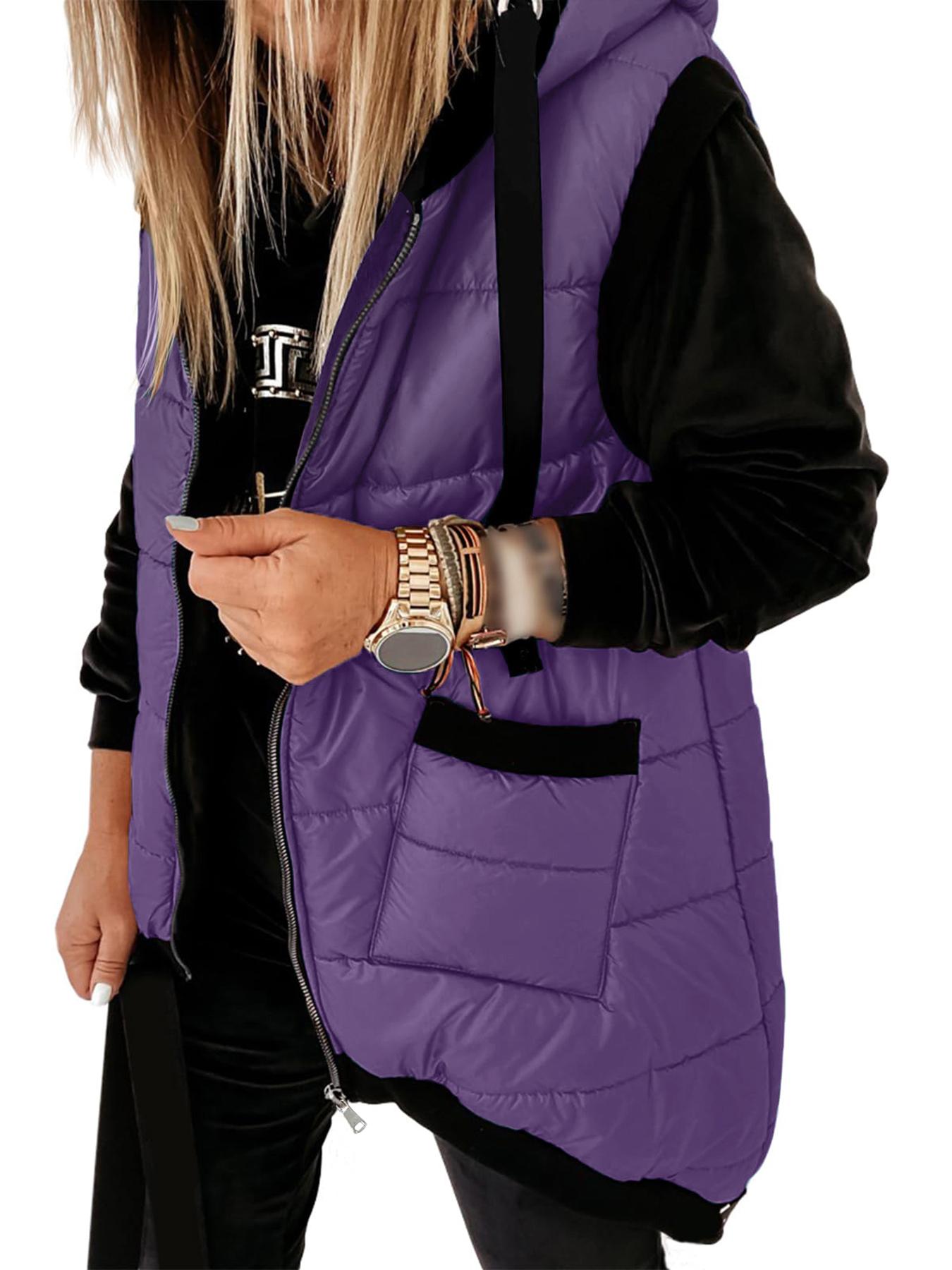 Aswulk Women Hooded Quilted Padded Vest, Thick Zip Up Sleeveless Jacket With Big Pockets, Front Short Back Long Casual Layering Gilet