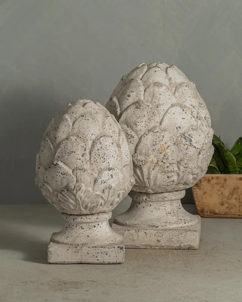 Aged Stone Finish Artichoke Sculptures – Architectural Garden Decor – Old World European Style Finials