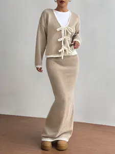 Beige-Apricot Women's Knitted Two-Piece Set Tie-Front V-Neck Cardigan High-Waist Maxi Skirt Elegant Soft Style for Casual & Office Wear