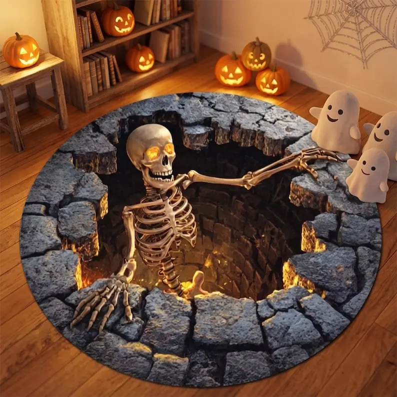 3D Illusion Stone Well Skeleton Round Rug, Halloween Horror Velvet Skeleton Carpet, Non Slip Floor Mat, Living Room Bedroom Decor, Spooky Gift