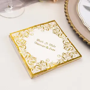 100-Pack Paper Cocktail Napkins White 3-Ply Personalized Small Emblem with Foil Lace Design - Custom Dinner Napkins