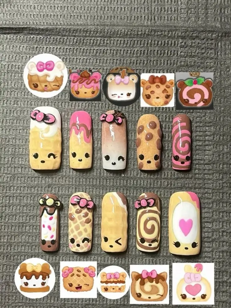 Num Noms Press On Nails | 3D Kawaii Food Character Nails | Cute Ice Cream Cookie Waffle Handmade Nail Art with Gift Set (Adhesive Tabs, Nail File, Cuticle Stick) | Reusable Fake Nails