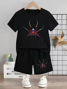 Cool Spider Pattern Printed Children's Set, Summer New Design Boys' And Girls' Short-Sleeved T-Shirts + Shorts 2-Piece Set, Comfortable, Casual, Fashionable And Versatile For Daily Use, Ideal Gift Choice