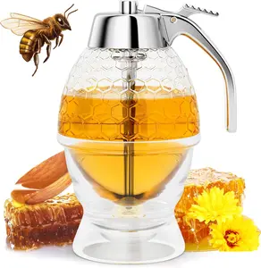 Honey Dispenser No Drip Glass 8 oz with Plastic Top, Beautiful Honeycomb Shaped Honey Jar with Stand - 6" Clear Container, Honey Pot, Maple Syrup Dispenser, Perfect Bee Decoration for Home Kitchen