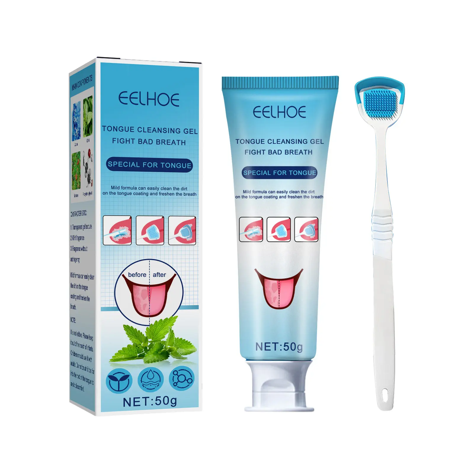 Tongue Coating Cleansing Gel, Tongue Coating Cleansing Oral Care Removes Bad Breath And Freshens Breath Gel With Brush Whitening Mint Cleanser