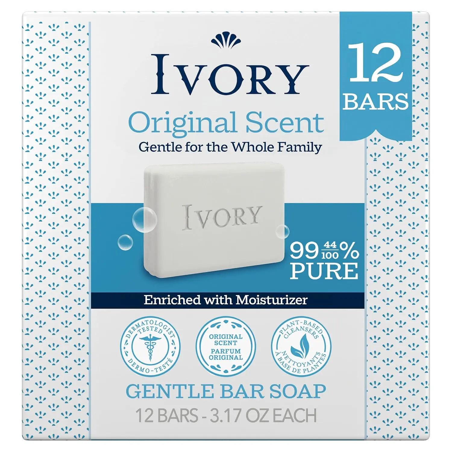 Ivory Gentle Bar Soap, Designed for Whole Family, 99.44% Pure Formula, Plant-Based Cleanser, Made Without Heavy Perfumes, Parabens & Phthalates, for All Skin Types, Original Scent, 3.17 oz (12 Count)