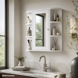 ARCH Wall-Mounted Medicine Cabinet with Mirror Door - Modern Storage Cabinet, 6 Open Shelves (3 Adjustable Shelves), UV Painted, Easy Setup, Minimalist Home Decor, Ample Storage, Bathroom Home Supplies - White,summervibes