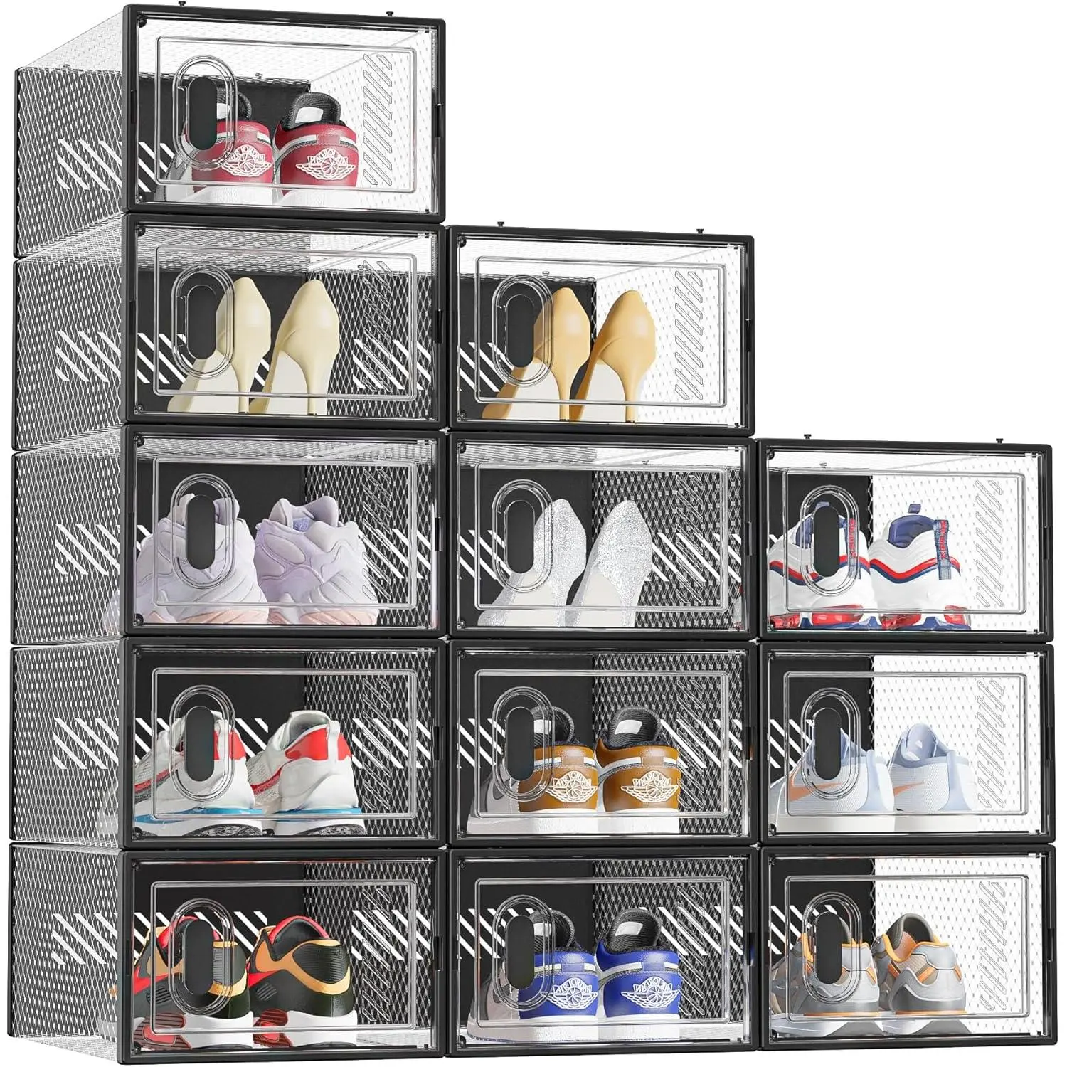 Shoe Storage, 12 Pack Shoe Organizer for Closet, Shoe Boxes Clear Plastic Stackable Shoe Containers with  for Size 10, Black