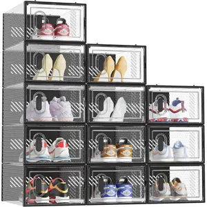 Shoe Storage, 12 Pack Shoe Organizer for Closet, Shoe Boxes Clear Plastic Stackable Shoe Containers with  for Size 10, Black