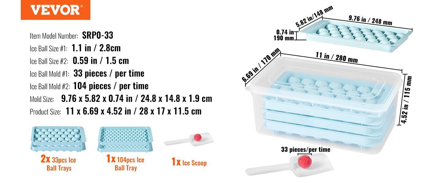 【Summervibes】VEVOR Ice Cube Tray, TikTokShopBlackFriday, Round Ice Ball Maker for Freezer, 2x33pcs & 1x104pcs Ice Balls, Sphere Ice Cube Making 170pcs Small Ice Chilling Cocktail Whiskey Tea Coffee, 3Pack Ice trays & Ice Bin & Scoop
